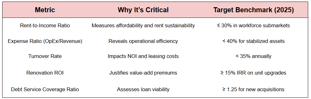 Real estate metrics 2025: Rent-to-Income ≤30%, Expense Ratio <40%, Turnover <35%, Renovation ROI ≥15% IRR, DSCR ≥1.25.