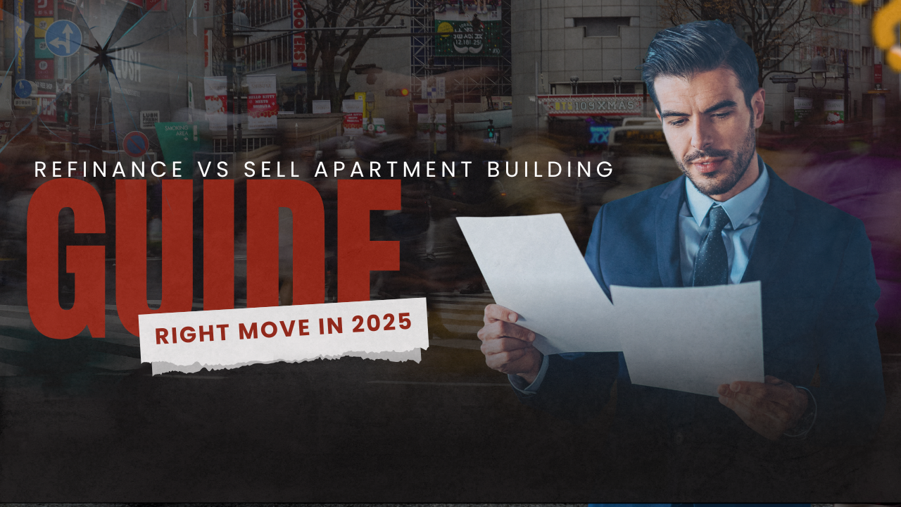 Professionally dressed investor reviewing documents in an urban setting, with bold text highlighting a guide to refinancing or selling apartment buildings in 2025.
