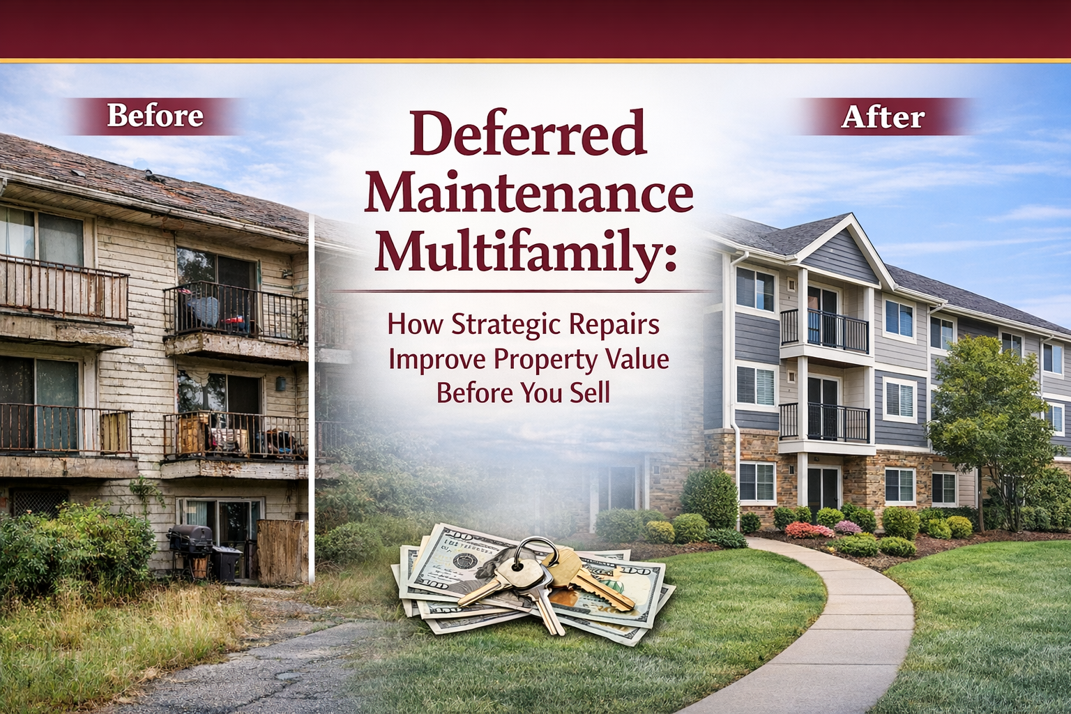 Person hanging clothes indoors with a partially visible background showing before-and-after property improvement visuals and the text “Improve Property Value Before You Sell.”