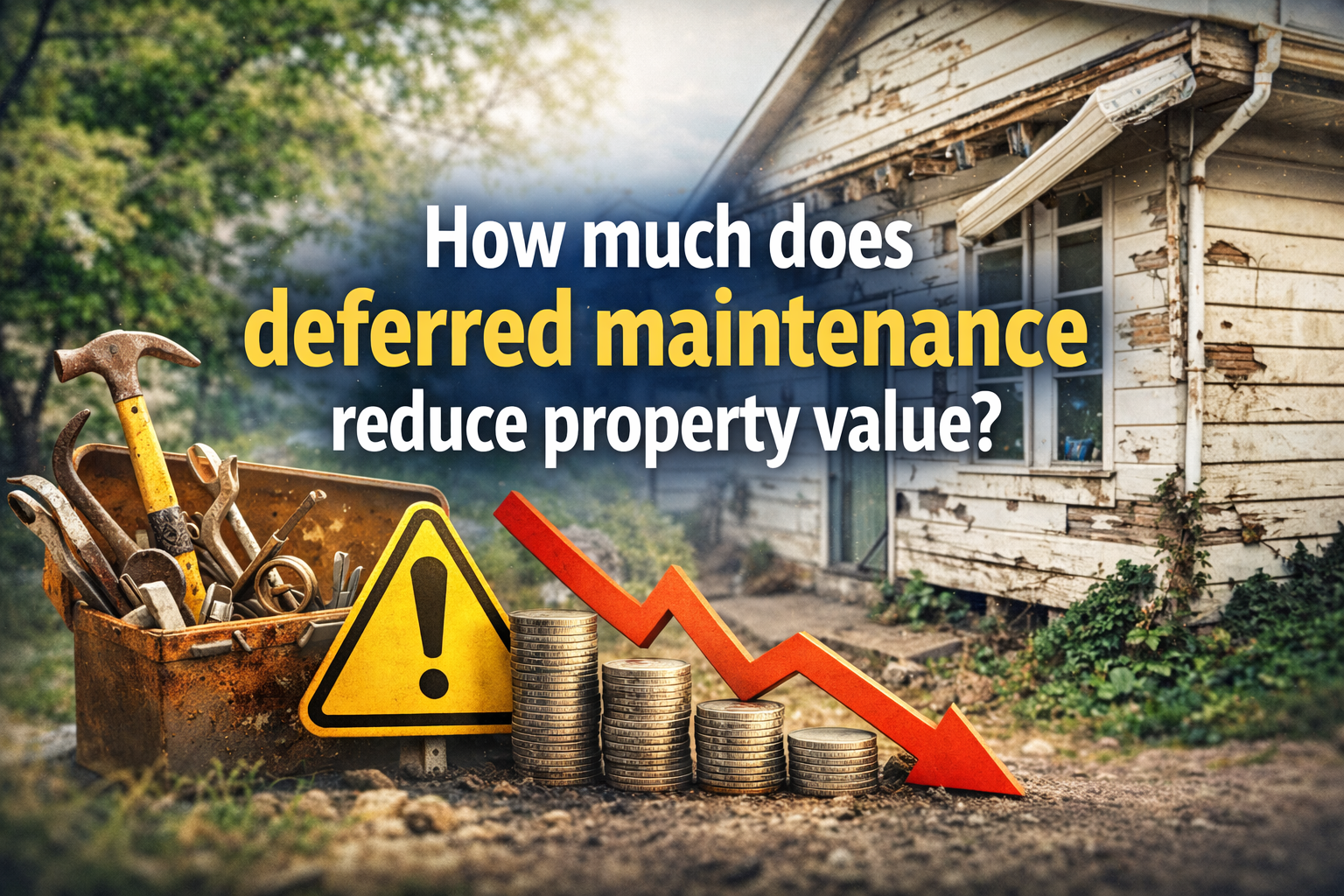 Old, damaged house with peeling paint, tools and warning sign in front, showing how deferred maintenance lowers property value with a downward red arrow and stacked coins.