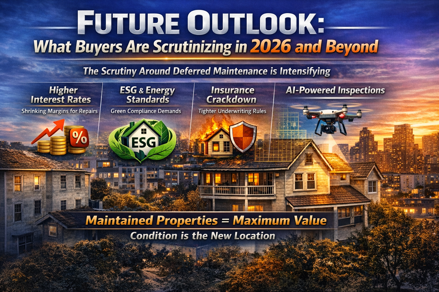 Future Outlook real estate infographic showing what buyers are scrutinizing in 2026 and beyond including interest rates, ESG standards, insurance changes, and AI inspections.