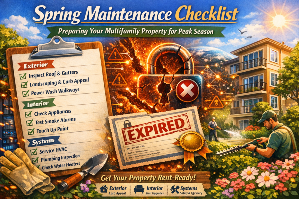 A digital illustration of a Spring Maintenance Checklist for multifamily properties featuring a man gardening, a property manager power washing, and a detailed checklist clipboard against a background of an apartment building and spring flowers.