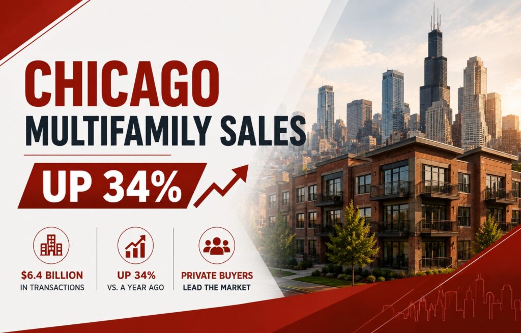 Chicago multifamily transaction volume infographic showing $6.4 billion in apartment sales, up 34% year over year, led by private buyers