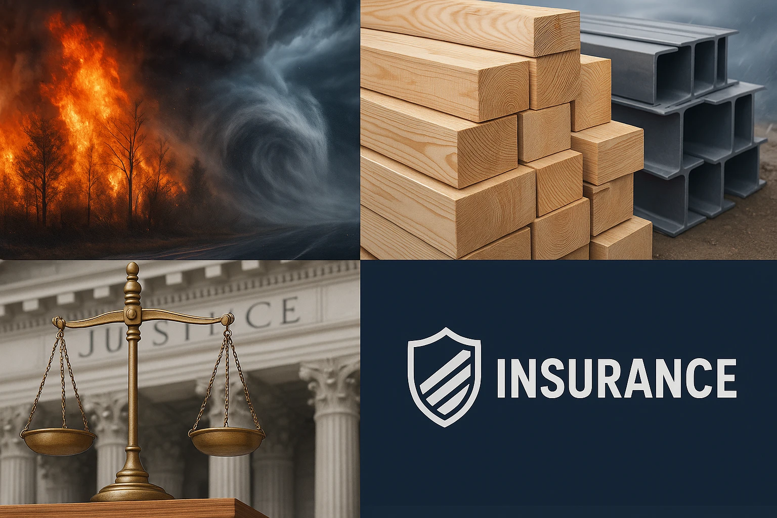 Infographic showing factors driving rising insurance costs including natural disasters, material costs, regulations, and market consolidation