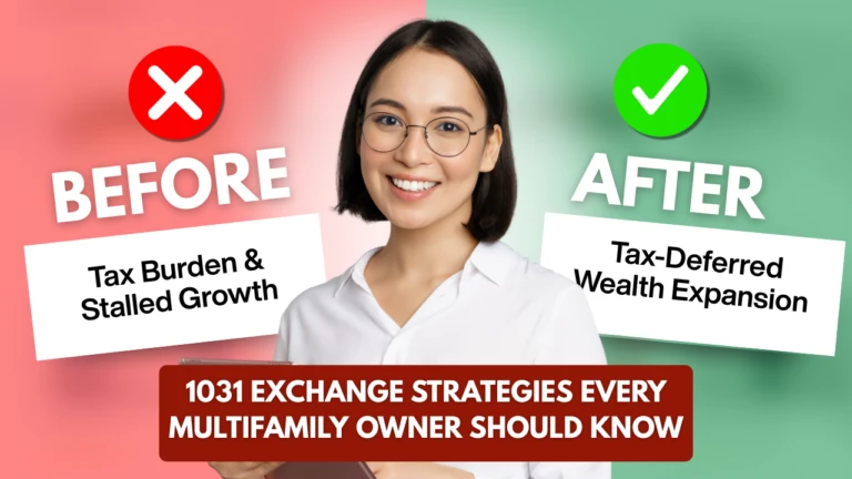 Smiling woman holding a tablet in front of a split background showing ‘Before’ tax burden and ‘After’ tax-deferred wealth expansion, promoting 1031 exchange strategies for multifamily owners.