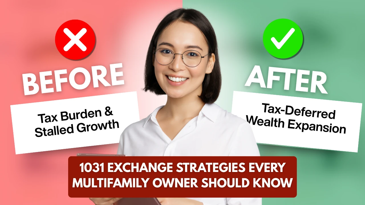 Smiling woman holding a tablet in front of a split background showing ‘Before’ tax burden and ‘After’ tax-deferred wealth expansion, promoting 1031 exchange strategies for multifamily owners.