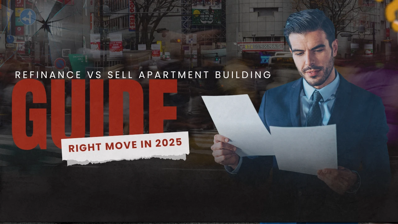Professionally dressed investor reviewing documents in an urban setting, with bold text highlighting a guide to refinancing or selling apartment buildings in 2025.