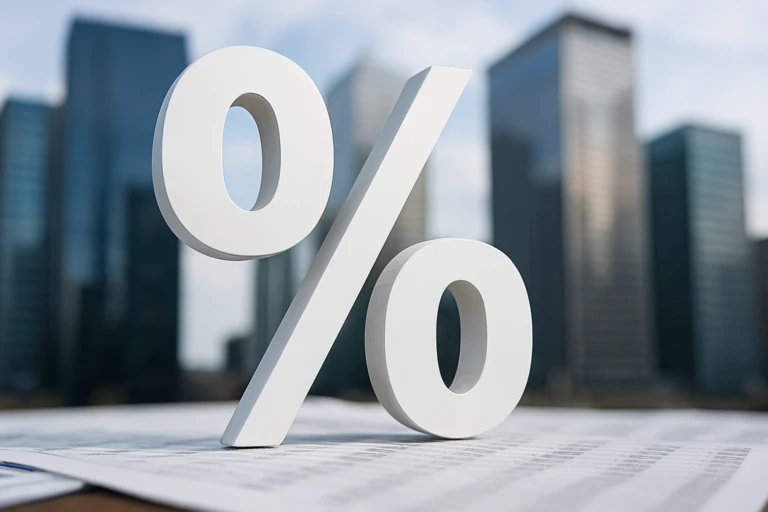 A large white percentage symbol (%) stands prominently against a backdrop of modern skyscrapers and blurred financial documents, symbolizing the impact of interest rates on multifamily property values.