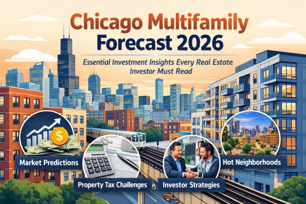2D illustrated banner showing the Chicago skyline with the headline “Chicago Multifamily Forecast 2026” and icons for market predictions, property taxes, investor strategies, and hot neighborhoods.