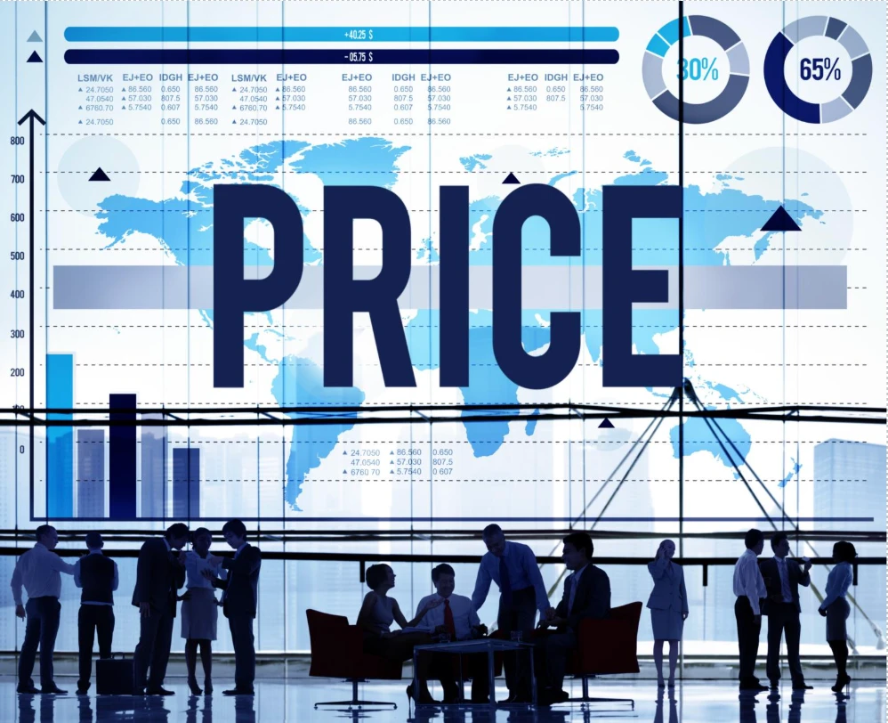 Modern office setting with digital stock market overlays.