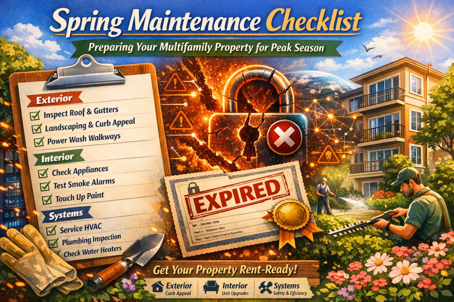 A digital illustration of a Spring Maintenance Checklist for multifamily properties featuring a man gardening, a property manager power washing, and a detailed checklist clipboard against a background of an apartment building and spring flowers.