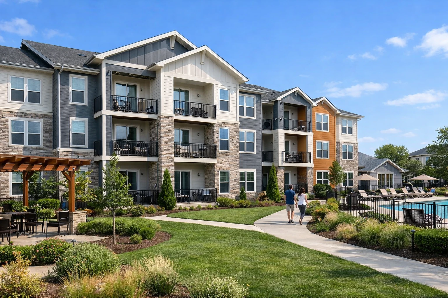 Modern multifamily apartment complex with balconies, landscaped grounds, and pool, highlighting spring maintenance checklist for peak season preparation