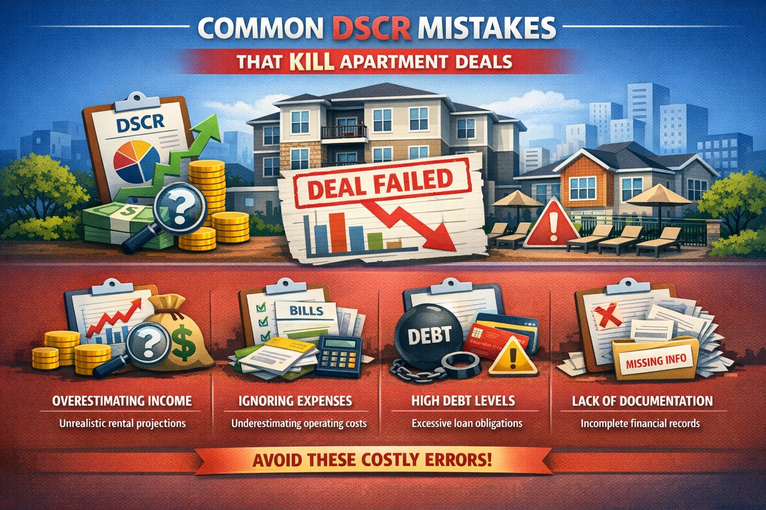 Infographic showing common DSCR mistakes in real estate such as overestimating income, ignoring expenses, high debt levels, and lack of documentation leading to failed apartment deals